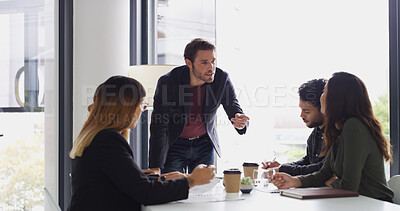 Buy stock photo Legal, talk or manager in meeting with team, group project and negotiation in law boardroom. Leader, business people and attorney in office for private practice, collaboration and corporate justice