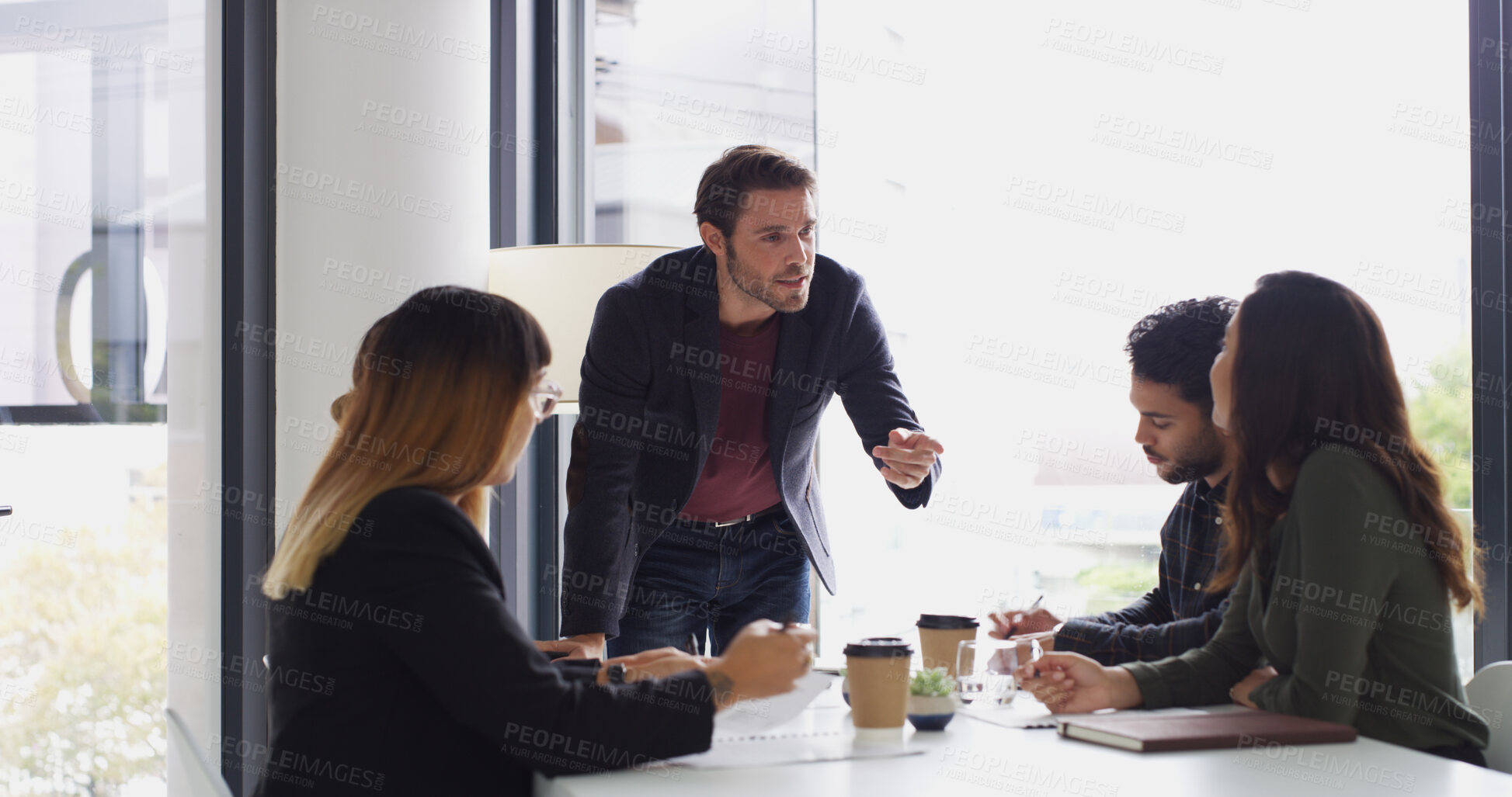 Buy stock photo Legal, talk or manager in meeting with team, group project and negotiation in law boardroom. Leader, business people and attorney in office for private practice, collaboration and corporate justice