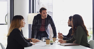 Buy stock photo Business, man and meeting with team in office for discussion, planning and feedback for finance. Manager, people and brainstorming with ideas, investment proposal and collaboration for budget review