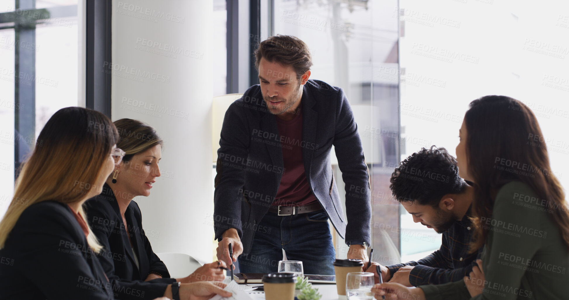 Buy stock photo Business, man and meeting with staff in office for discussion, planning and teamwork for finance review. Manager, people and brainstorming with ideas, investment proposal and collaboration for budget