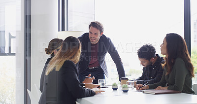 Buy stock photo Meeting, business people and discussion with team manager for idea, planning or financial strategy. Office, group and conversation for investment proposal, brainstorming budget and collaboration