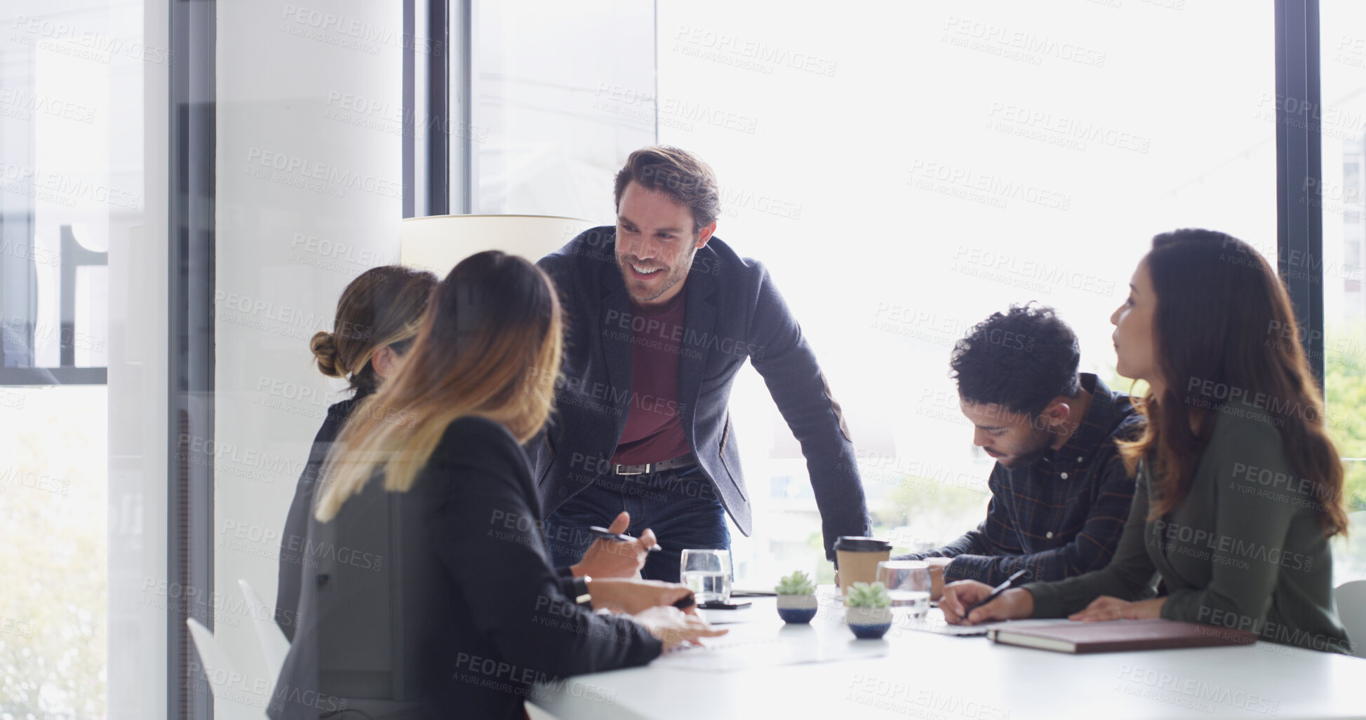 Buy stock photo Meeting, business people and discussion with team manager for idea, planning or financial strategy. Office, group and conversation for investment proposal, brainstorming budget and collaboration