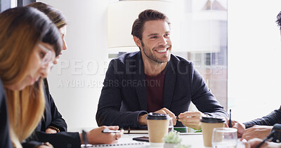 Buy stock photo Accountant, planning or businessman in meeting with smile, teamwork or investment review. Happy, collaboration or confident financial advisor in boardroom for about us, finance or risk management