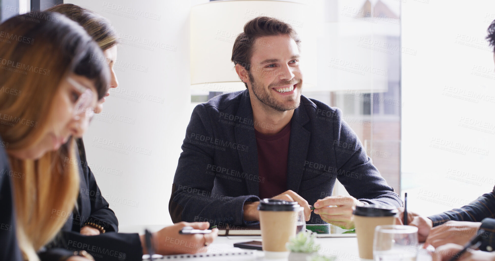 Buy stock photo Accountant, planning or businessman in meeting with smile, teamwork or investment review. Happy, collaboration or confident financial advisor in boardroom for about us, finance or risk management