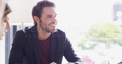 Buy stock photo Discussion, employee and man with smile, meeting or idea for marketing strategy, thinking or office. Happy, media coordinator and person with team for campaign, collaboration and project in boardroom