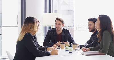 Buy stock photo Meeting, happy business people and brainstorming in office for idea, strategy and financial planning. Smile, group and conversation with manager for investment growth, budget increase and discussion