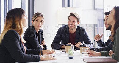 Buy stock photo Man, group and meeting with smile in office with agenda, planning and strategy at media company. People, journalist and editor with problem solving, happy and team with feedback at startup agency