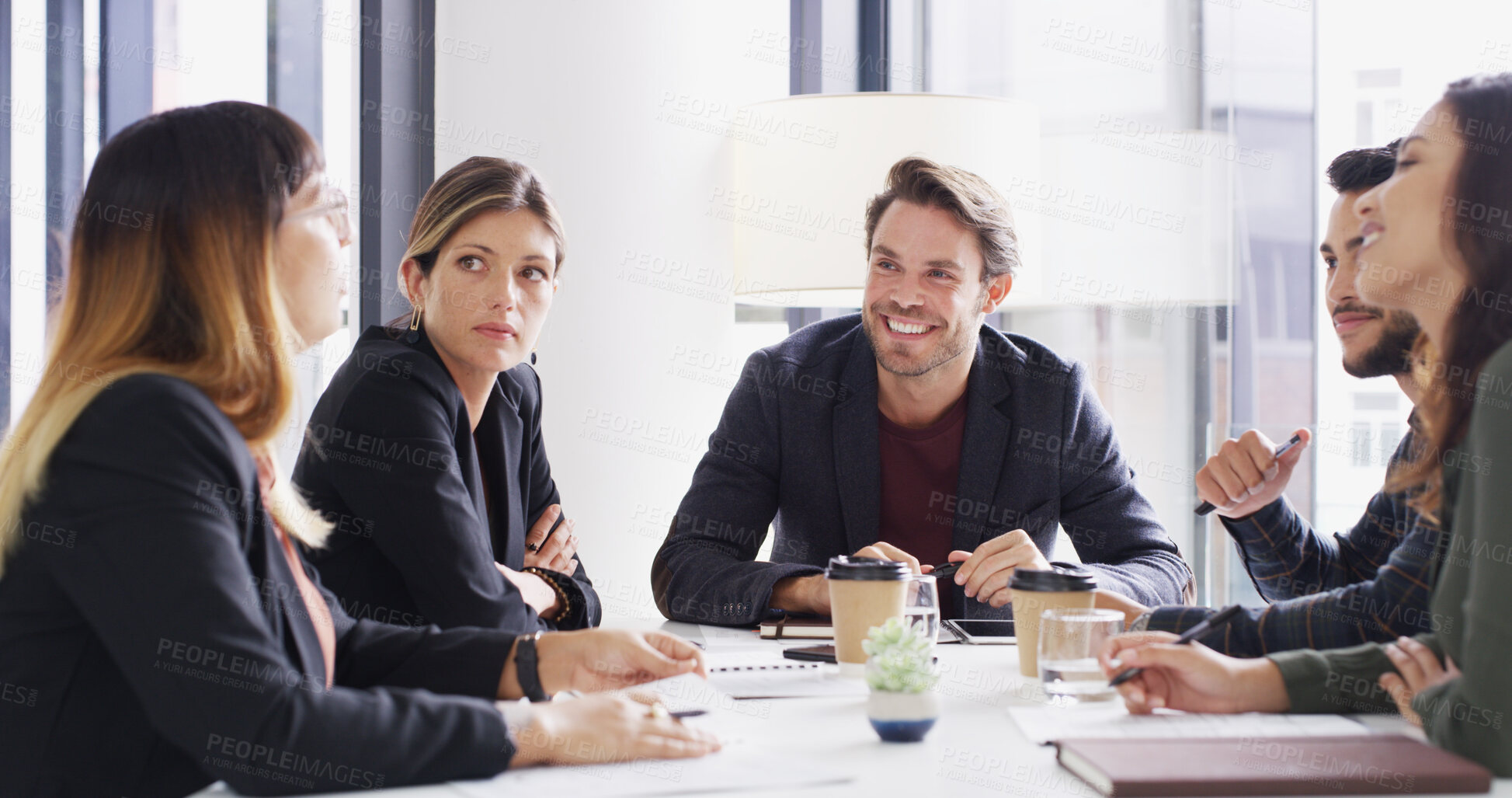 Buy stock photo Man, group and meeting with smile in office with agenda, planning and strategy at media company. People, journalist and editor with problem solving, happy and team with feedback at startup agency