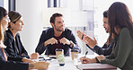 Man, group and meeting with planning in office with agenda, happy and strategy at media company. People, journalist and editor with problem solving, review and team with feedback at startup agency