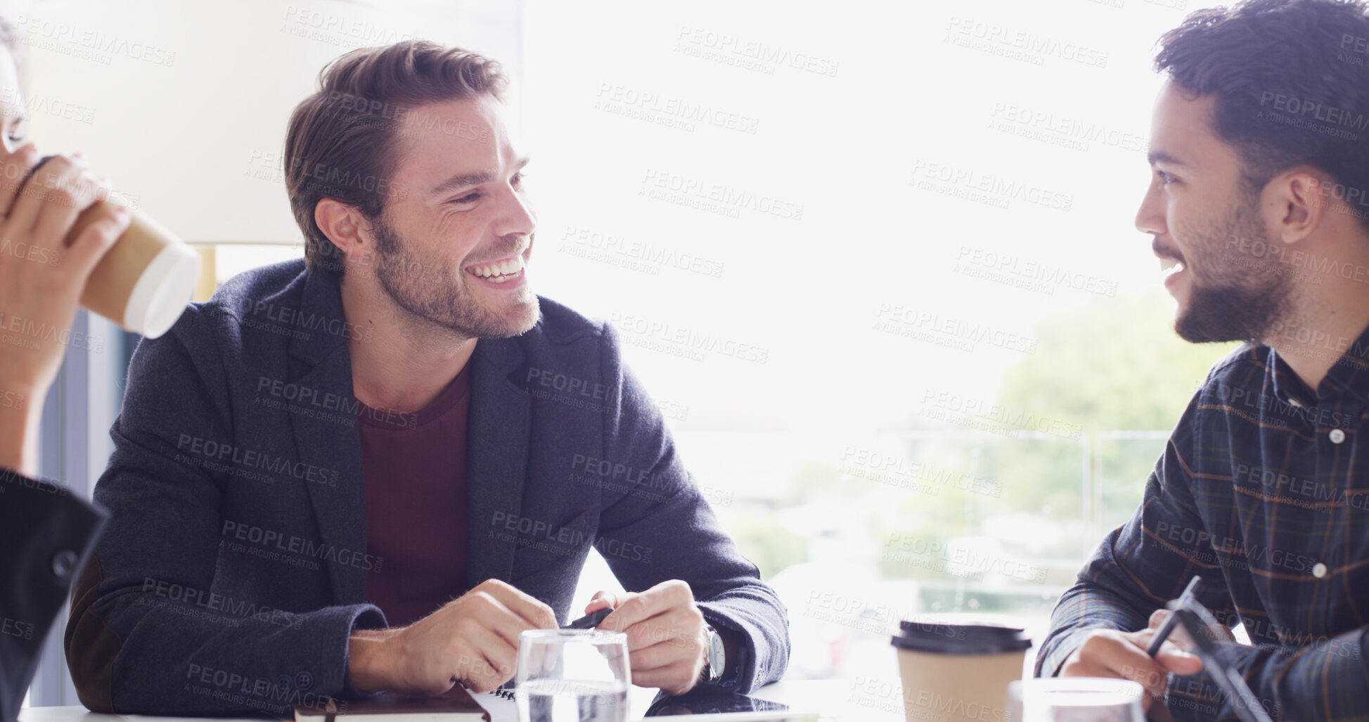 Buy stock photo Project, happy or men in meeting with business advisor, teamwork and investment budget. People, laughing and confident accountants in boardroom for feedback, accounting review and risk management