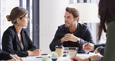 Buy stock photo Man, group and meeting with talking in office with agenda, happy and strategy at media company. People, journalist and editor with problem solving, review and team with feedback for project at agency