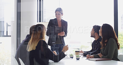 Buy stock photo Business, woman and meeting with staff in office for discussion, planning and finance feedback. Manager, teamwork and brainstorming for ideas, investment proposal and collaboration of budget solution