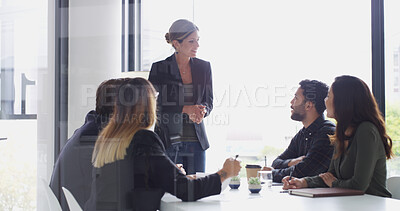 Buy stock photo Business, woman and meeting with team in office for discussion, planning and finance feedback. Manager, people and brainstorming with ideas, investment proposal and collaboration for budget solution