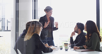 Buy stock photo Business, woman and talk in meeting in office for briefing, planning and finance feedback. Manager, people and team brainstorming with ideas, investment proposal and collaboration for budget solution