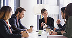Woman, group and meeting with planning in office with agenda, happy and strategy at media company. People, journalist and editor with problem solving, review and team with feedback at startup agency