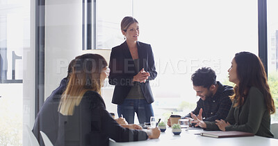Buy stock photo Woman, presentation and meeting with planning in office with agenda, talk and strategy at media company. People, speaker and editor with brainstorming, review and team with feedback at startup agency