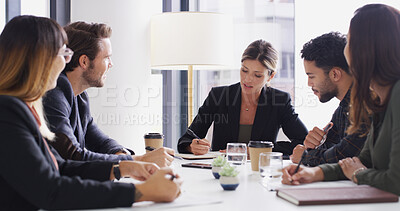 Buy stock photo Collaboration, meeting and writing with business people in boardroom of discussion or planning. Notebook, feedback and teamwork with employee group in office together for professional workshop