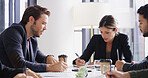 Finance, meeting and writing with business people in boardroom of discussion, planning or workshop. Collaboration, notebook and upskill training with employee group in office together for development