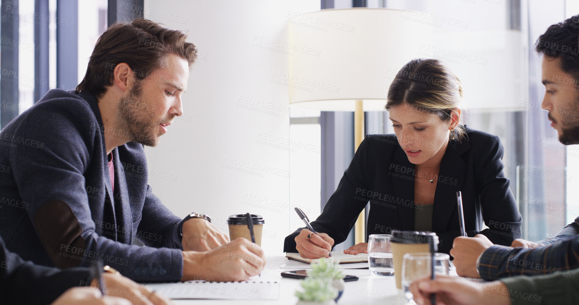 Buy stock photo Finance, meeting and writing with business people in boardroom of discussion, planning or workshop. Collaboration, notebook and upskill training with employee group in office together for development