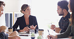 Feedback, meeting and teamwork with business people in boardroom of discussion or planning. Development, management and training with employee group in office together for professional workshop