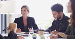 Collaboration, group and colleagues in boardroom, smile and discussion for investment and corporate. Office, financial analyst and people with ideas for opportunity, teamwork and happy in meeting