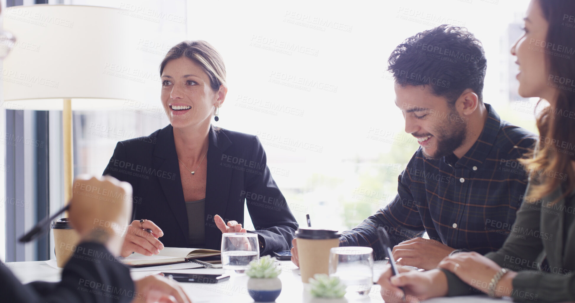 Buy stock photo Collaboration, group and colleagues in boardroom, smile and discussion for investment and corporate. Office, financial analyst and people with ideas for opportunity, teamwork and happy in meeting