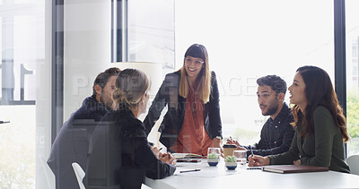 Buy stock photo Team, leader and discussion with business people in conference room for financial planning. Group, meeting and woman with smile, ideas or brainstorming for investment collaboration at finance firm