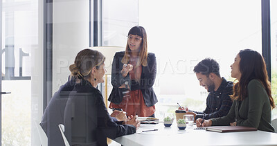 Buy stock photo Business people, meeting and group in office, discussion and feedback for budget report. Employees, accounting and financial advisor with cooperation, team or coaching for profit growth and glass