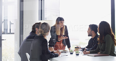 Buy stock photo Team, leader and meeting with business people in conference room for financial planning. Group, discussion and woman with feedback, ideas or brainstorming for investment collaboration at finance firm