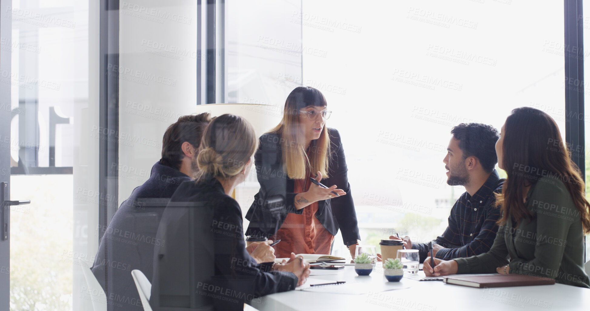 Buy stock photo Team, leader and meeting with business people in conference room for financial planning. Group, discussion and woman with feedback, ideas or brainstorming for investment collaboration at finance firm