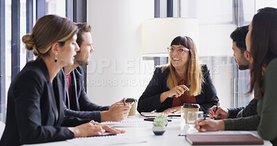 Buy stock photo Collaboration, investment and meeting with broker team in boardroom for discussion or planning. Conversation, management and strategy with business people in office together for portfolio growth