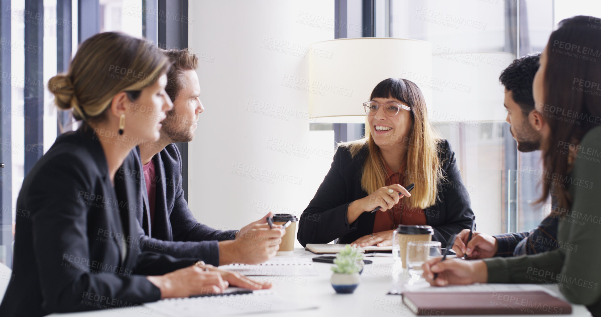 Buy stock photo Collaboration, investment and meeting with broker team in boardroom for discussion or planning. Conversation, management and strategy with business people in office together for portfolio growth