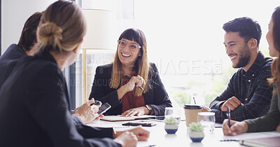 Buy stock photo Corporate, group and colleagues in boardroom, smile and collaboration for investment and discussion. Office, financial analyst and people with ideas for opportunity, teamwork and happy in meeting