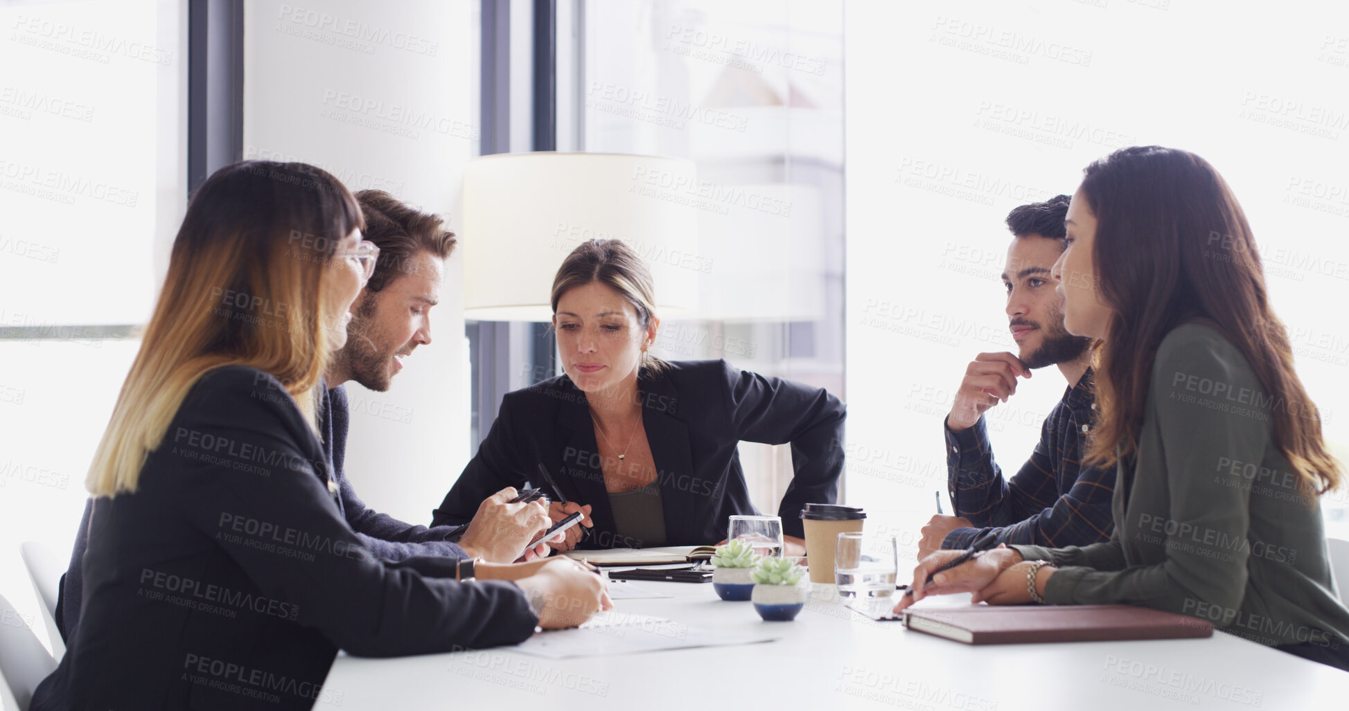 Buy stock photo Collaboration, meeting and problem solving with business people in boardroom together for discussion. Conversation, corporate and management with employee team in office for professional workshop