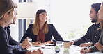 Discussion, collaboration and colleagues in boardroom, group and smile for investment and corporate. Office, financial analyst and people with ideas for opportunity, teamwork and happy in meeting