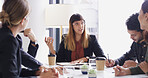 Conversation, development and meeting with business people in boardroom for financial planning. Corporate, finance and management with employee team in office together for professional workshop