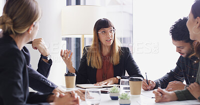 Buy stock photo Conversation, development and meeting with business people in boardroom for financial planning. Corporate, finance and management with employee team in office together for professional workshop
