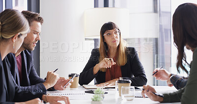 Buy stock photo Conversation, meeting and strategy with business people in boardroom for discussion or planning. Collaboration, management and teamwork with serious employee group in office for professional workshop