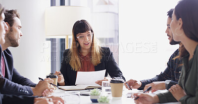 Buy stock photo Collaboration, documents and meeting with business people in boardroom for discussion or planning. Corporate, management and paperwork with employee team in office together for professional workshop