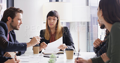 Buy stock photo Documents, meeting and question with marketing team in boardroom for discussion or planning. Contract, management and teamwork with business people in office together for professional workshop