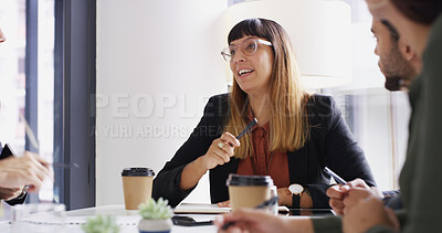 Buy stock photo Office, employees and businesswoman with talking in meeting, smile and creative expansion in agency. Boardroom, staff and startup manager with cooperation for discussion, feedback and team of writers