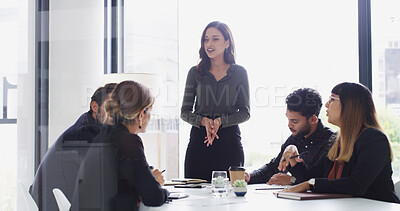 Buy stock photo Discussion, planning and team of business people in office for financial investment proposal. Collaboration, meeting and finance managers with company budget forecasting for pitch in workplace.