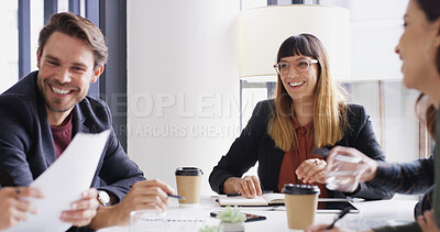 Buy stock photo Happy, collaboration and colleagues in boardroom, discussion or smile for investment, group or plan. Office, financial analyst and people with ideas for opportunity, teamwork and meeting for project