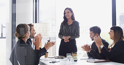 Buy stock photo Colleagues, applause and praise for woman, boardroom and speaker with smile for proposal or success. Happy, people and clapping for celebration in meeting, achievement and motivation for sales pitch