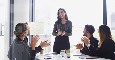Buy stock photo Colleagues, applause and praise for speaker, boardroom and woman with smile for proposal or success. Happy, people and clapping for celebration in meeting, achievement and motivation for sales pitch