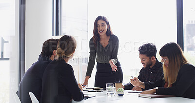 Buy stock photo Team, woman manager and meeting in conference room for financial planning, business and strategy. Group, discussion and person with feedback or ideas for investment collaboration at finance firm