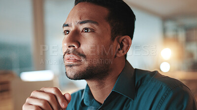 Buy stock photo Face, reading and thinking with business man in office at night for development. planning or research. Information, problem solving and report with employee at work on computer for decision process