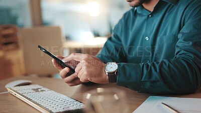 Buy stock photo Business, hands and man with phone in office for checking schedule, mobile chat or email response. Professional, employee or scroll on smartphone for calendar update, communication or online research