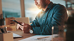 Business, hands and man with phone in office for checking schedule, research and chat at night. Employee, work break and scroll on smartphone for calendar update, productivity and overtime at desk