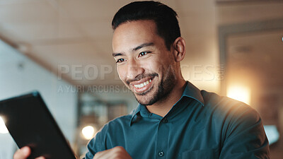 Buy stock photo Office, happy and business man on tablet for research, online proposal and financial report at night. Professional worker, corporate and person on tech for internet, budget review and digital finance